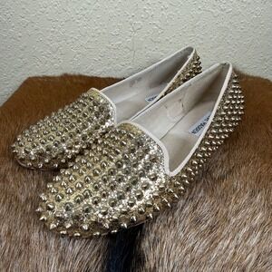 Steve‎ Madden Womens 8M Studlyy Loafers Gold Glitter Spiked Studded Flat Shoes